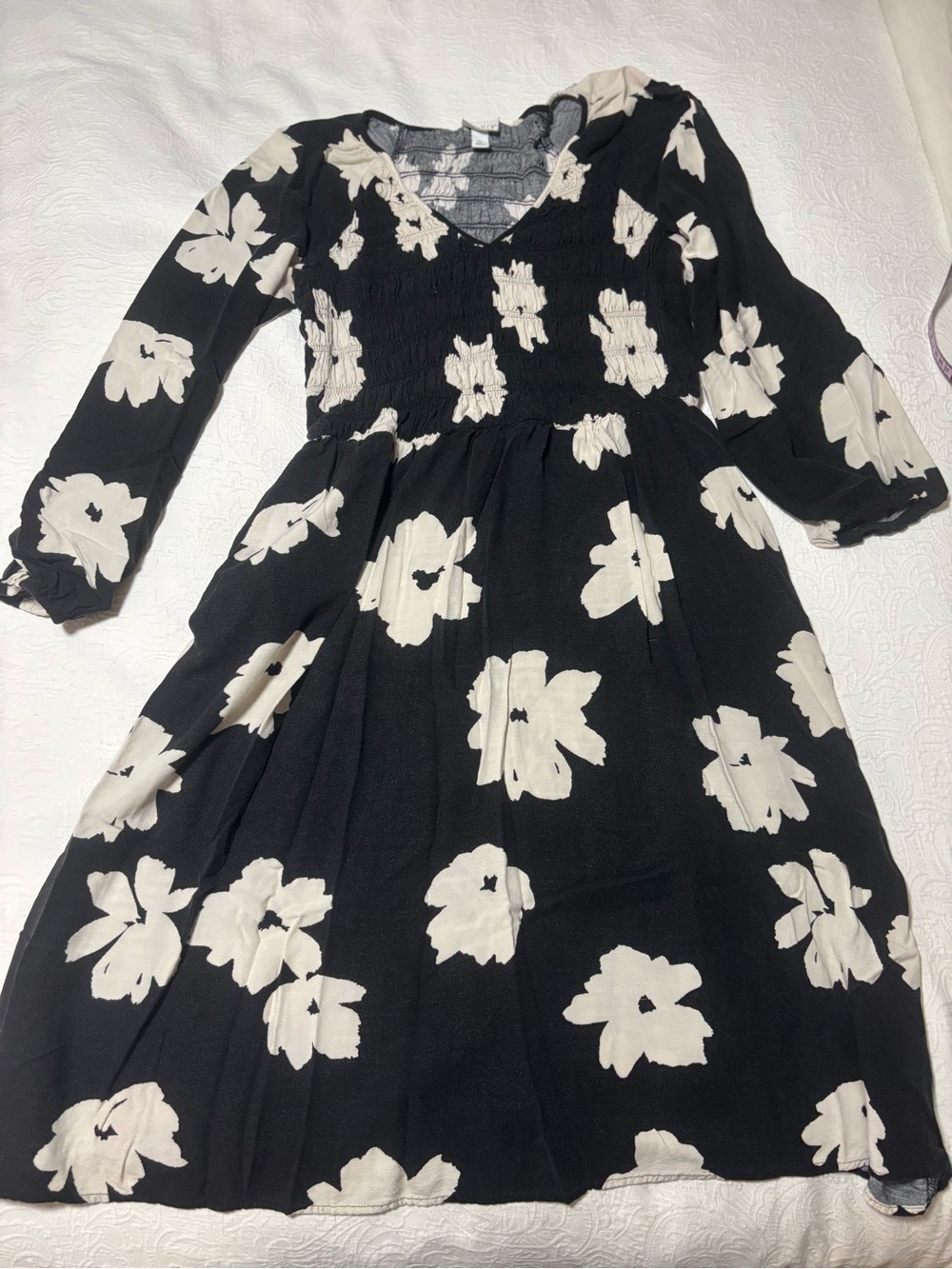 Ava & Viv Black Dress with Cream Floral Print, Long Sleeves